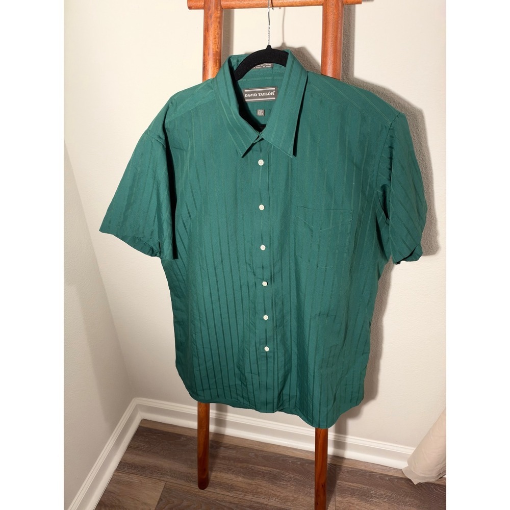 David Taylor Mens Short Sleeve Button Down Shirt Green Textured Stripe 18.5 XL
